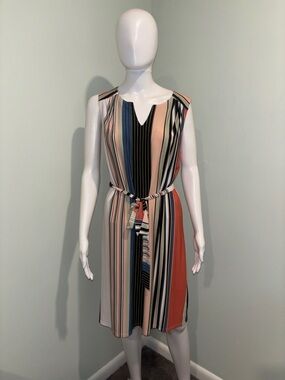 Luxology V-Neck Sleeveless Striped Multicolor Dress with Belt - 8